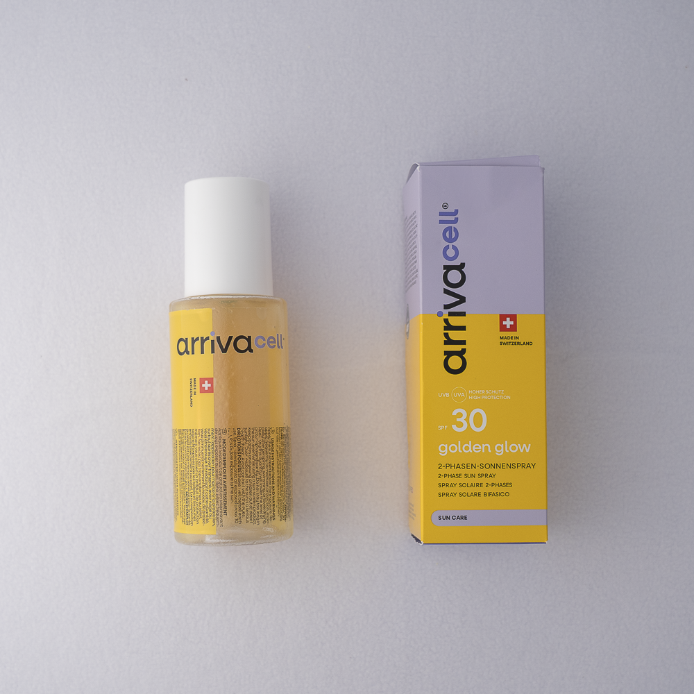 Golden Glow 2-Phasen-Sonnenspray SPF 30 front mit verpackung 