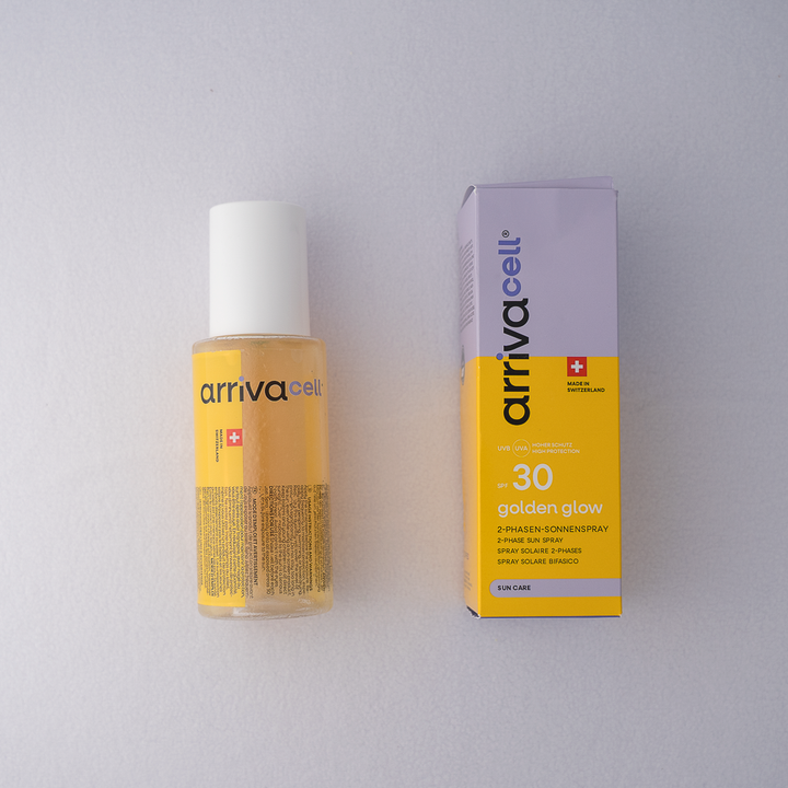 Golden Glow 2-Phasen-Sonnenspray SPF 30 front mit verpackung 